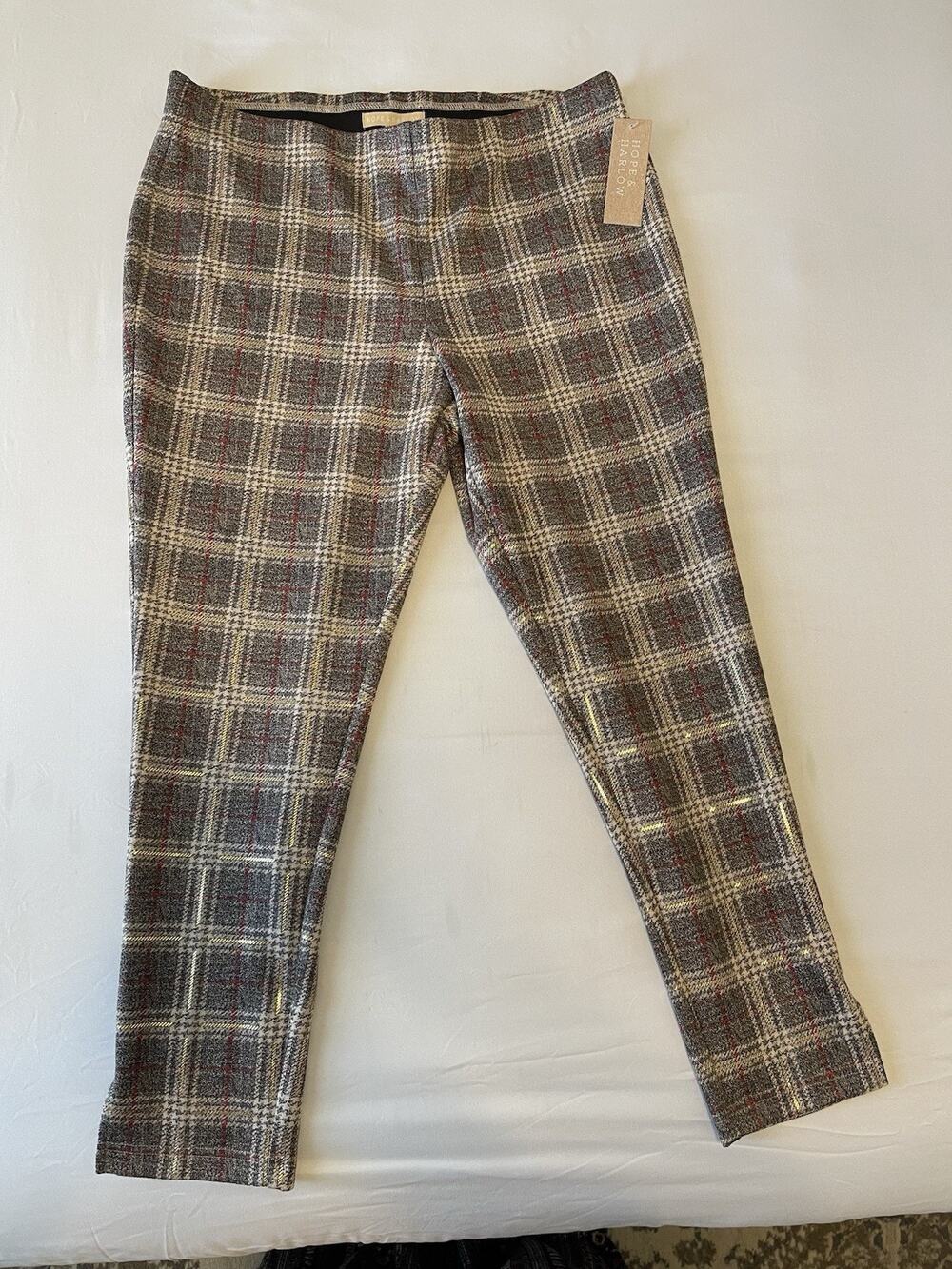 Hope & Harlow Women XL Plaid Gold Metallic Print Pull On Career Pants Trousers